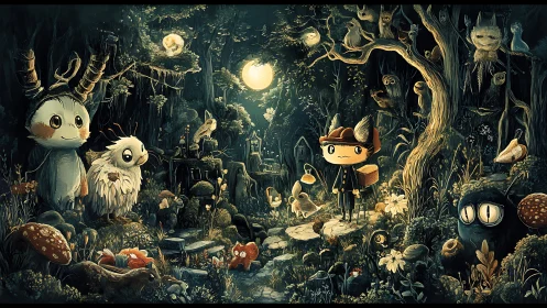 Moonlit forest tableau uniting whimsical creatures and stylized child