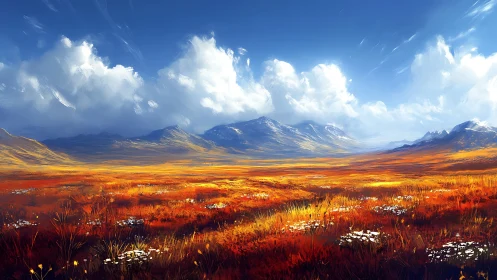 Expansive autumn plain under distant snowcapped mountains.