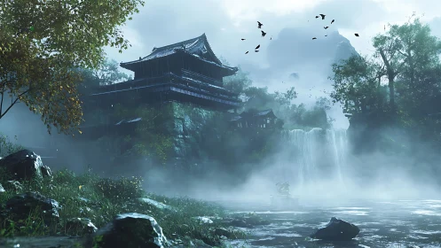 Mist kissed temple above a quiet waterfall sanctuary.