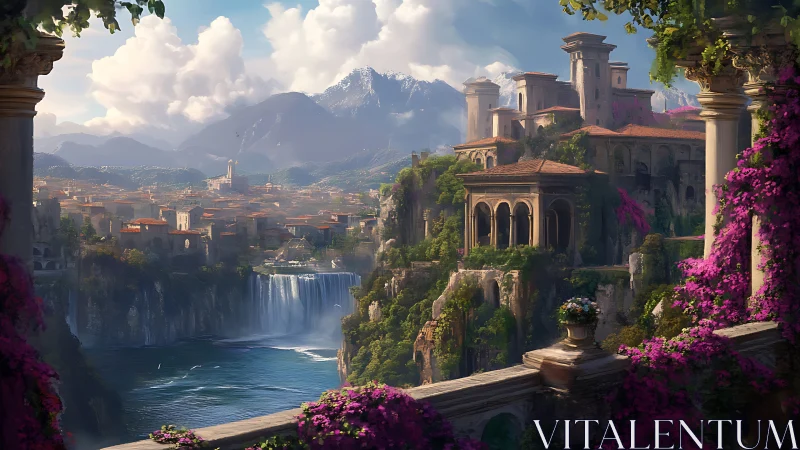 Sunlit cliffside city with waterfalls and blooming terraces.