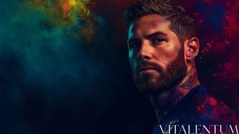 Bearded portrait glows against neon smoke abstraction.