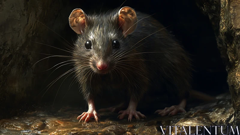 Curious rat pauses at a cave mouth in dramatic low light