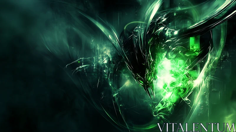 Emerald energy dragon emerges from swirling digital void