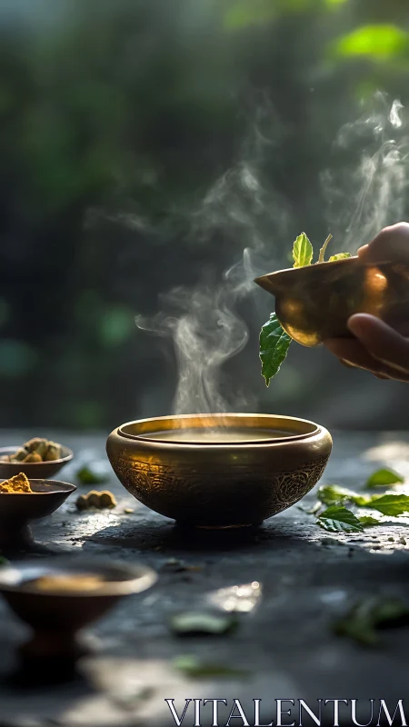 Herbal infusion in brass bowl with rising steam outdoors.