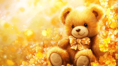 Golden teddy bear nestled in glowing floral ambiance.