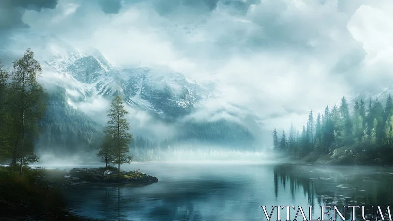 Mist-draped mountain lake whispering in pale blue hush.