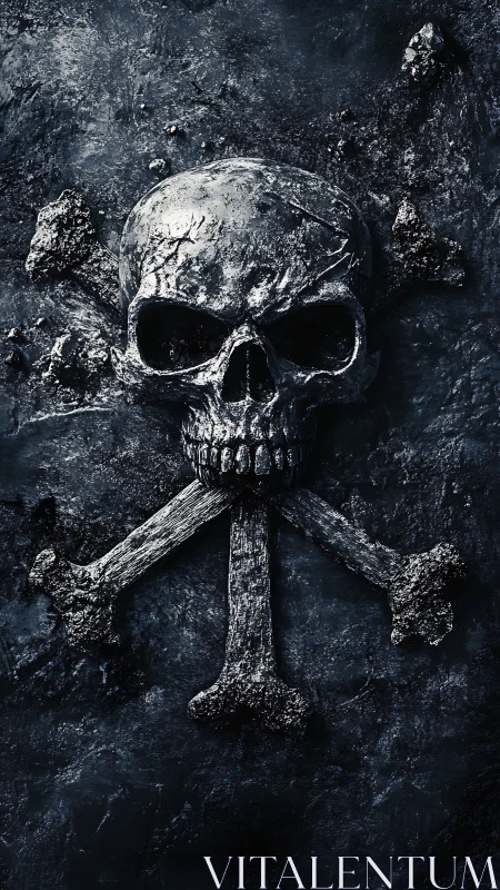 Weathered skull and crossbones rests in dark stone shadow