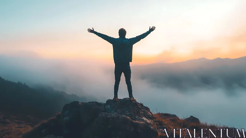 Triumphant figure on mountain peak at sunrise, inspirational style.