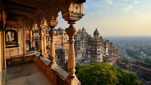 Golden palace balconies watch a misty city awaken softly.