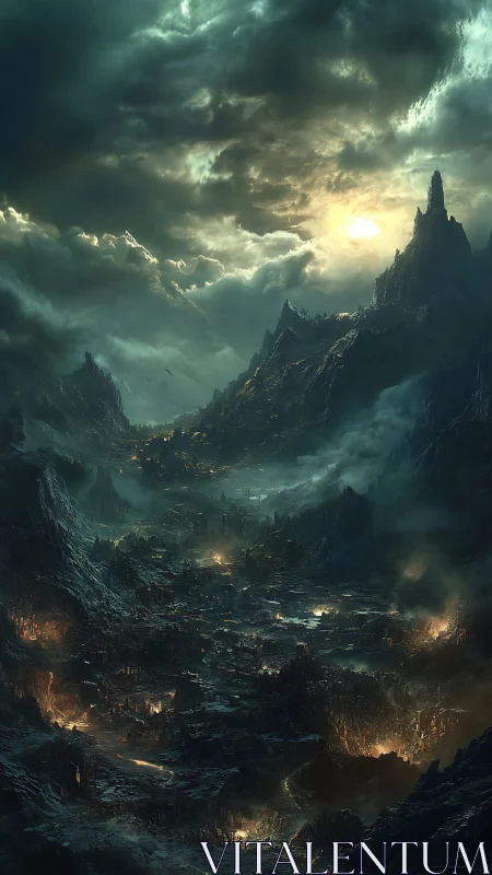 Doomed volcanic valley under stormlit, burning sky.