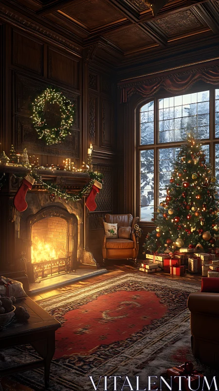 High-detail Christmas interior with lit fireplace and decorated tree
