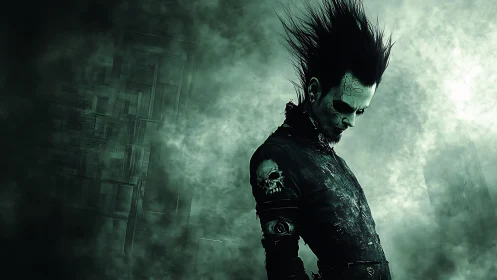 Gothic cyberpunk figure with spiked hair in volumetric green fog