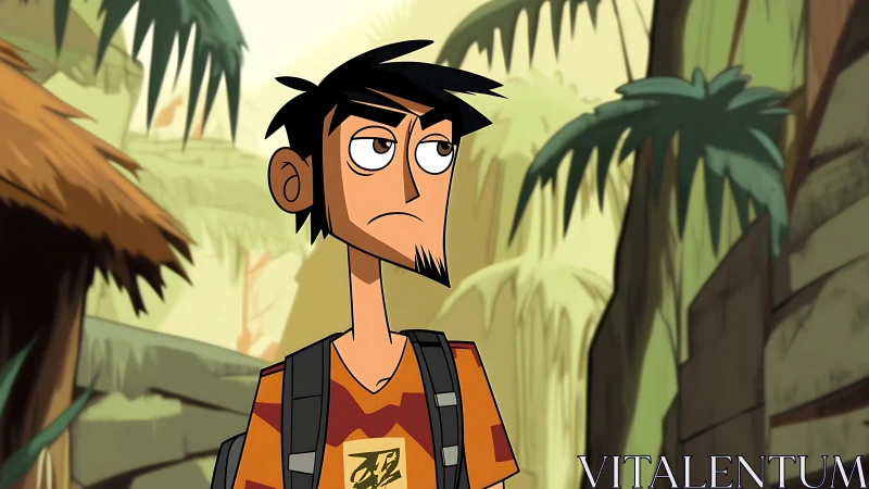 Animated male character stands in stylized jungle setting