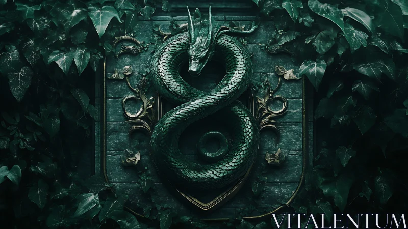 Enchanted emerald serpent curls proudly on an ivy-clad crest