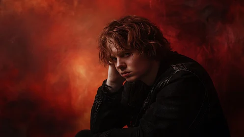 Young person in dark clothing against red textured backdrop.