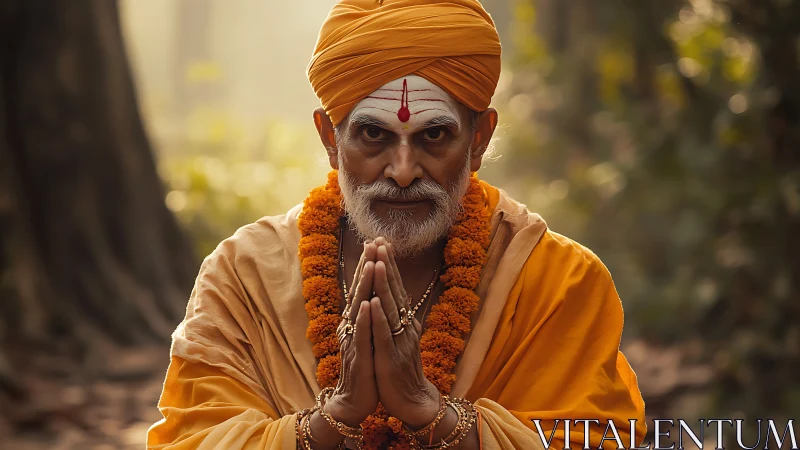 Elderly Hindu monk in orange robes offering forest prayer.