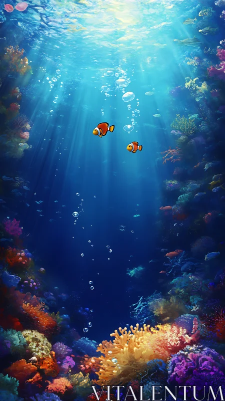 Clownfish glide through a sunlit coral canyon of deep blue