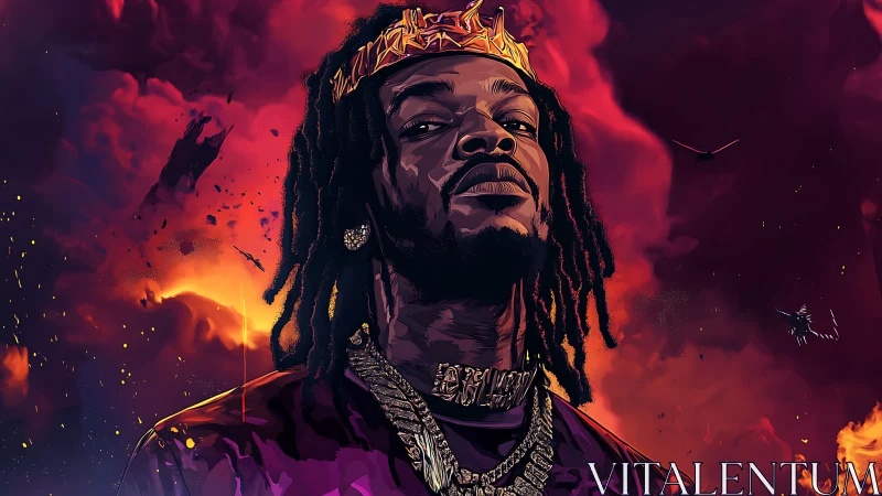 Regal hip-hop portrait rises against blazing storm sky.