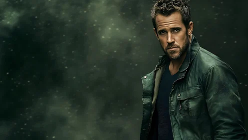 Brooding male portrait framed by atmospheric green haze