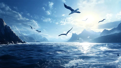 Seabirds Soaring Above Shimmering Arctic Ocean Vista.
