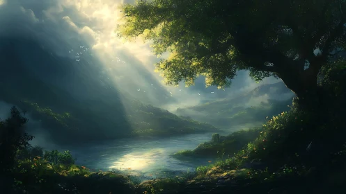 Sunlit river valley framed by dense foliage in digital painting