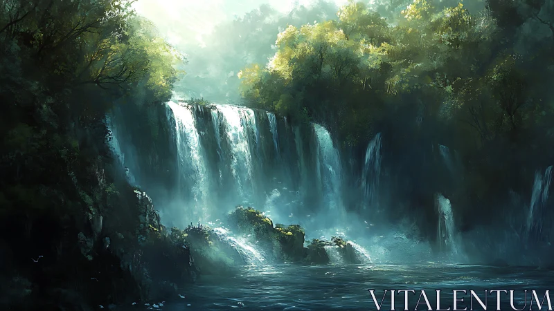Diffuse backlit waterfall cascade in misty forest basin