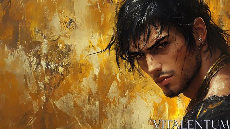 Storm-eyed wanderer against a wild golden horizon.