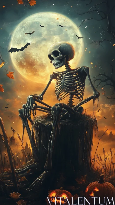 Skeletal figure on stump under oversized moon with Halloween lighting