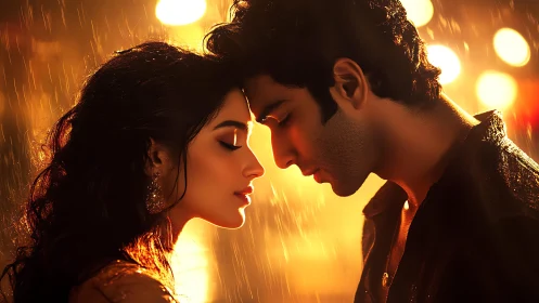 Romantic Profile Silhouettes with Atmospheric Golden Hour Bokeh Lighting