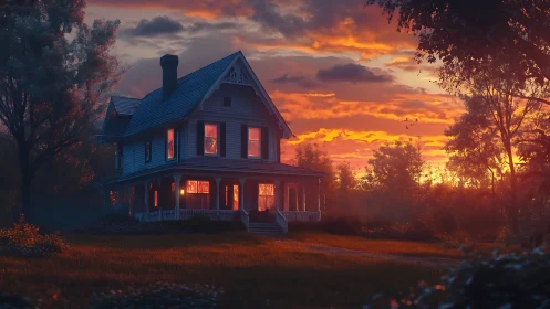 Golden sunset wraps a cozy country house in gentle evening light