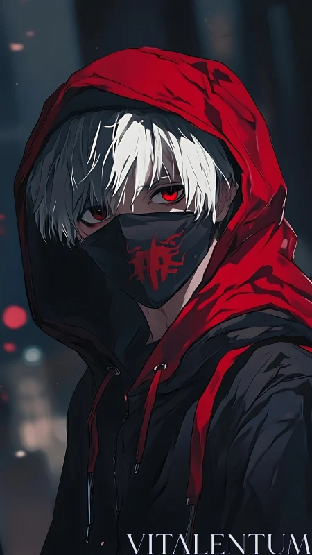 Hooded white haired anime character with red eyes at night.
