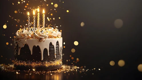 Luxurious birthday cake with gold sparkles and lit candles.