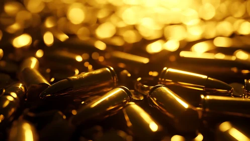 Golden brass bullets reflect warm bokeh light in closeup