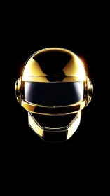 Golden reflective sci-fi visor helmet on deep black background.