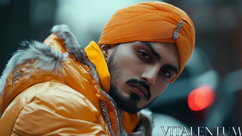 Winter streets glow with a bold orange turban and gaze.