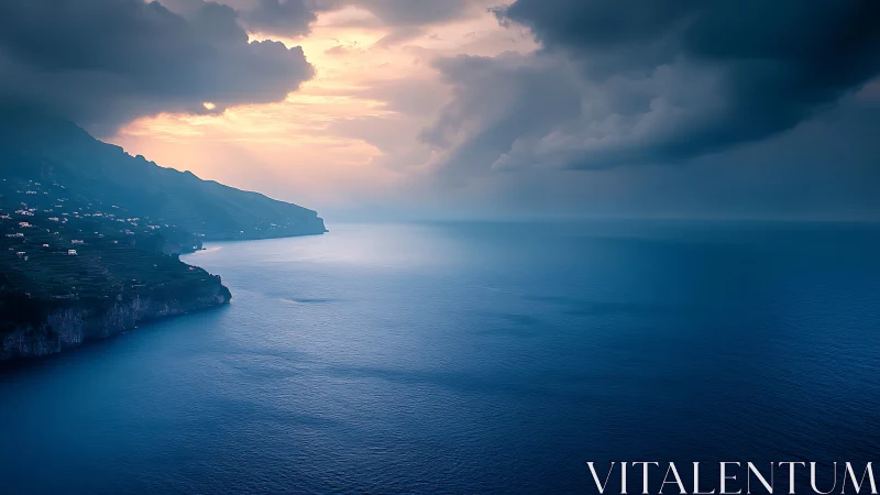 Photorealistic coastal seascape with dramatic storm lighting.