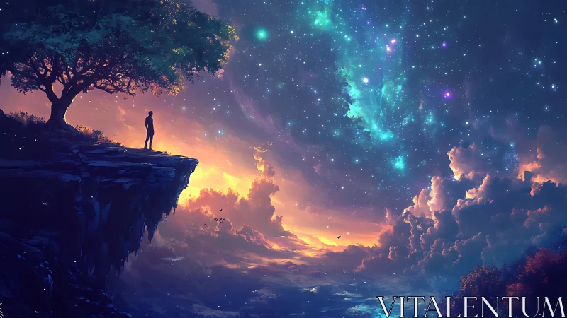 Human figure on cliff edge under expansive star-filled sky.