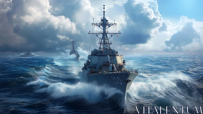 Steady navy ship cutting through bright, stormy blue seas.