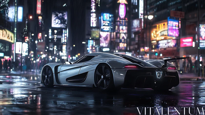 Futuristic hypercar idles in neon‑lit rain‑soaked cityscape