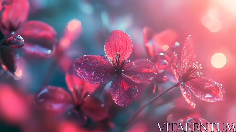 Pink macro blossoms with water droplets in soft light.