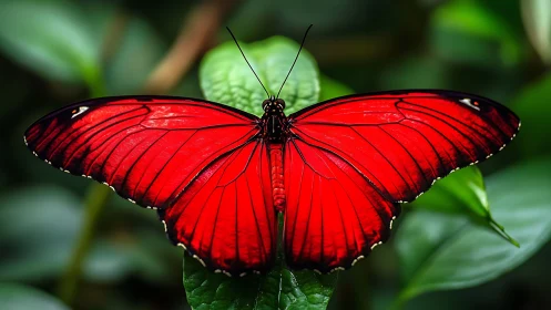 Scarlet butterfly rests on green leaf in sharp macro focus