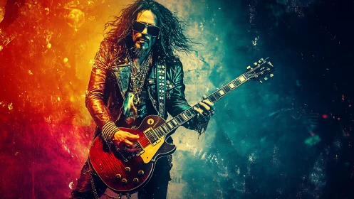Digital painting of rock guitarist in split-spectrum lighting.