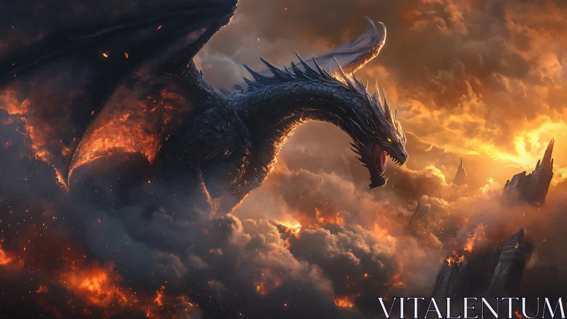Inferno-crowned dragon storms a burning twilight kingdom.