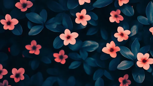Coral flowers with teal foliage against dark background.