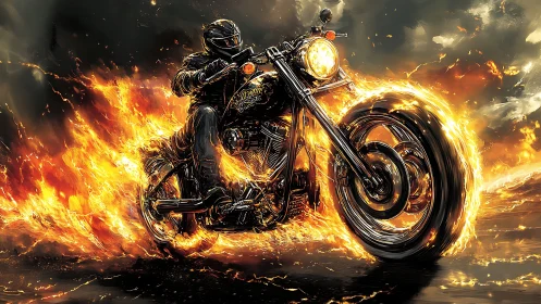 Motorcyclist riding through swirling rings of fire at speed.