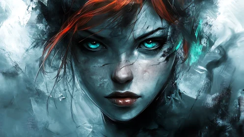 Fierce teal gaze within stormy abstract color and light.