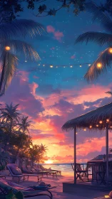 Luminous tropical sunset lounge under stratified cloud canopy.