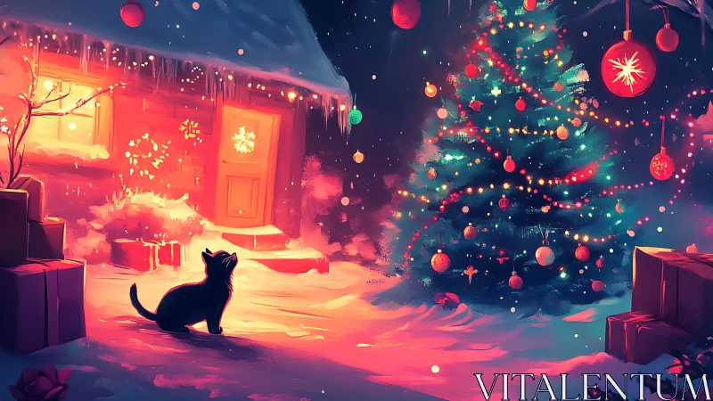 Curious winter cat admiring a glowing Christmas tree.