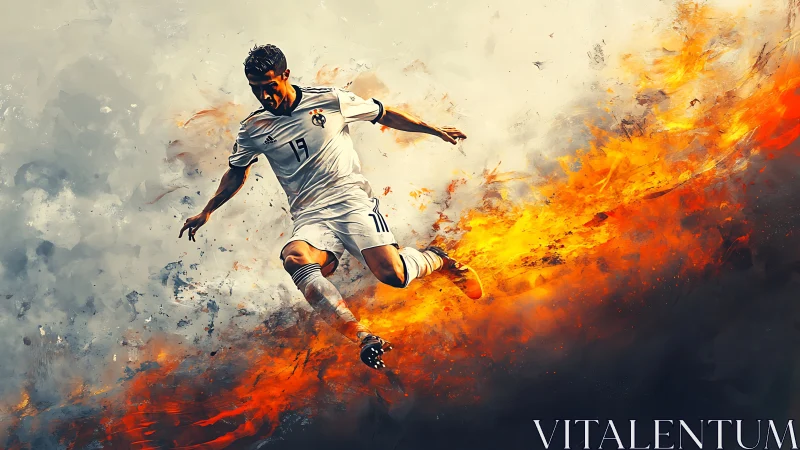 Fiery soccer striker diving through explosive orange blaze.