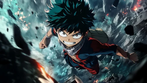 Determined anime hero charging forward in a crumbling battlefield.